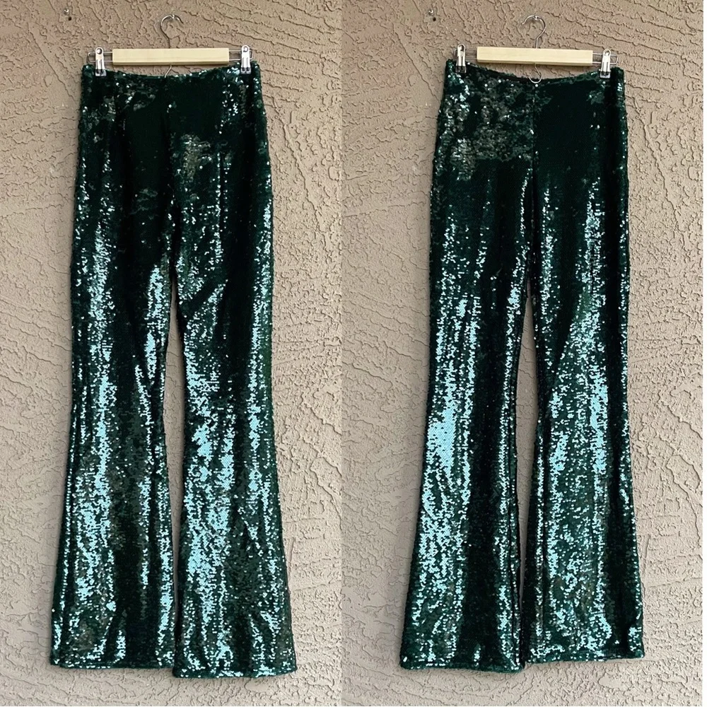 ZARA NWT BLOGGER FAVE Emerald Green Sequin Flare Leg Pants Holiday Party Pants - Picture 7 of 17